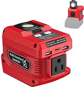 220W Azocek Power Inverter Compatible with Milwaukee 18V Battery, DC 18V to AC 110V Portable Power Station with 1 AC Outlet, 2 USB Ports & 1 Type-C Fast Charging, 400LM LED Work Light