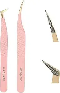 Ms.Queen Lash Extension Tweezers,2Pcs Fiber Tip Grip Boot Volume Tweezer and Dolphin Isolation Eyelash Tweezers