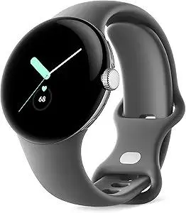 Google Pixel - Android Smartwatch with Fitbit Activity Tracking - Heart Rate Tracking Watch - Polished Silver Stainless Steel case with Charcoal Active band - LTE