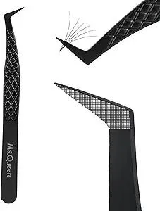 Ms.Queen Fiber Tip Lash Tweezers, Precise Diamond Grip L-Shape Boot Volume Eyelash Extension Tweezers,Black