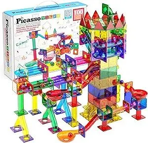 PicassoTiles 100pc Magnetic Marble Run Set with Racing Track Tiles Funnels Curved Slopes and Steel Balls for Kids STEM Construction Indoor Learning Toy That Promotes Focus and Problem Solving PTG100