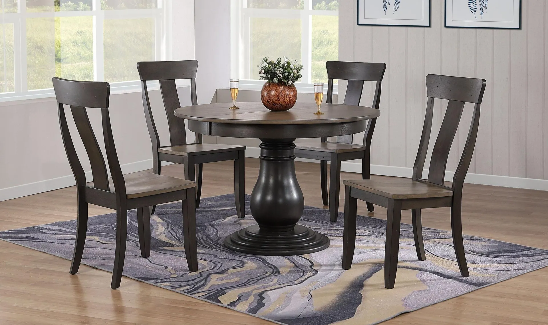 Iconic Furniture Bella Antiqued Grey Stone & Black Stone Panel Back Dining Set