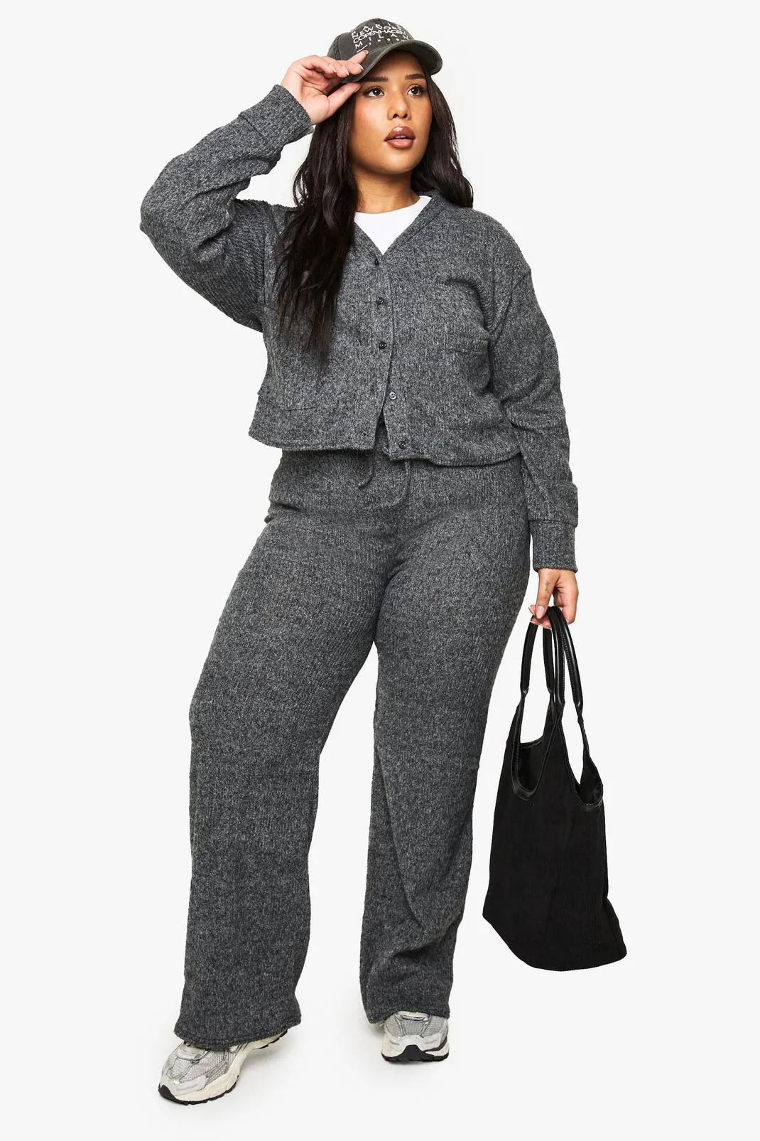 Plus Soft Rib Cardigan And Drawstring Trouser Set