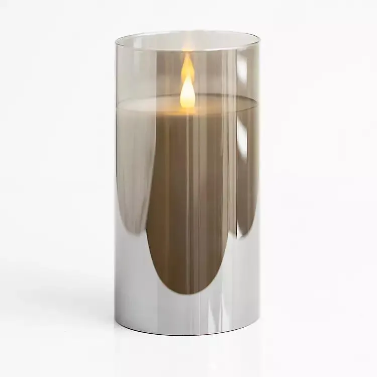 Gray LED Soft Flame Glass Pillar Candle, 4x8 in.