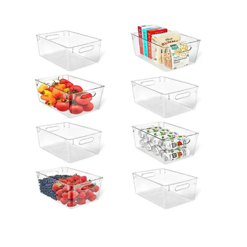 Multi-purpose Refrigerator Bins - 8 pieces Large Capacity Stackable Fridge Bin Organizer with Easy Grip Handles - Clear