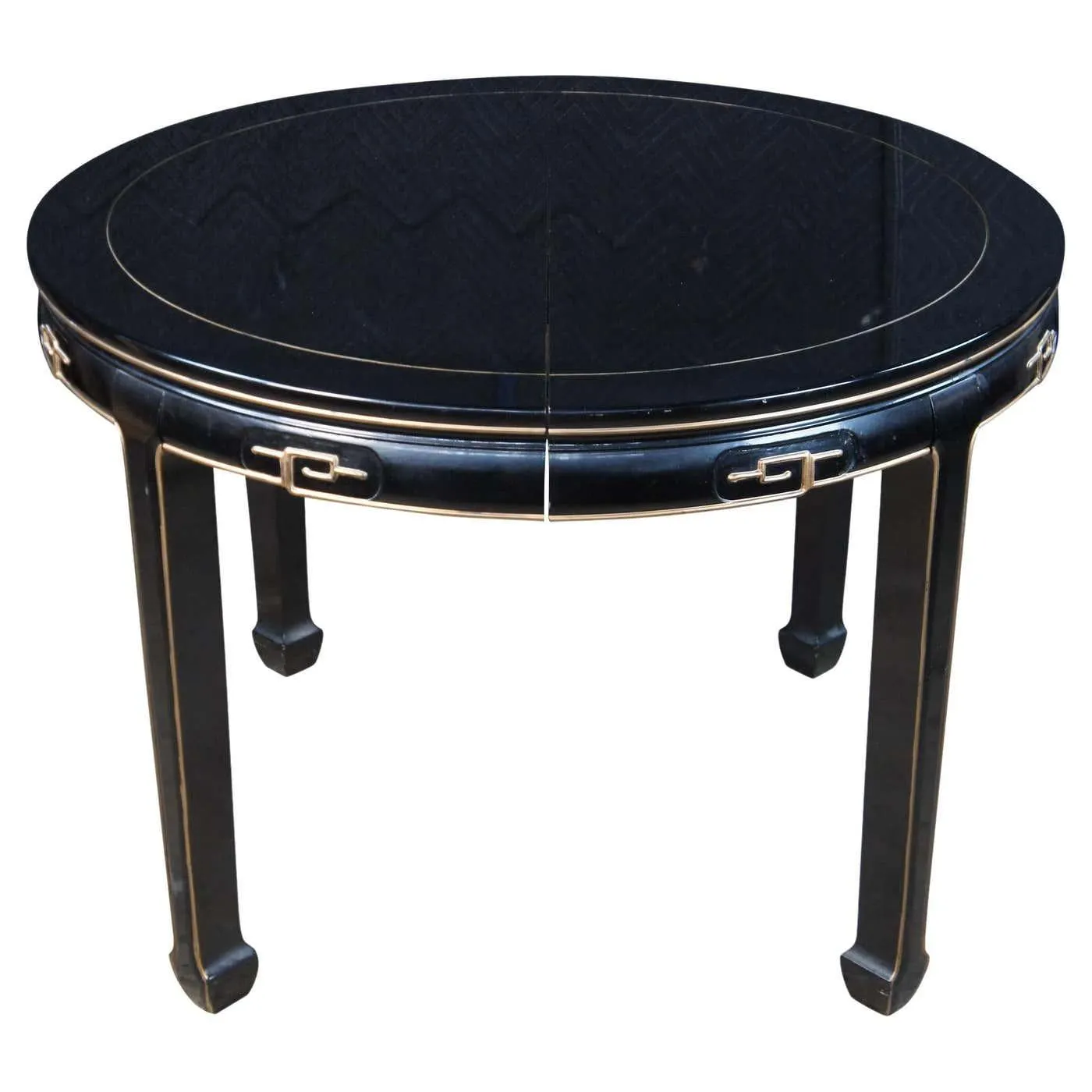 Mid Century Black Lacquered Oriental Chinoiserie Round Extendable Dining Table