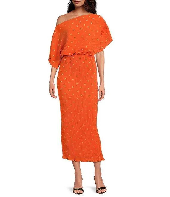 Tilly Plisse Gold Fleck Print One Shoulder Neck Short Sleeve Maxi Dress