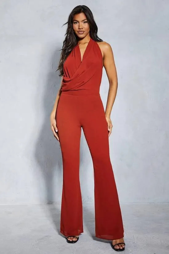 Chiffon Draped Neck Low Back Flare Leg Jumpsuit