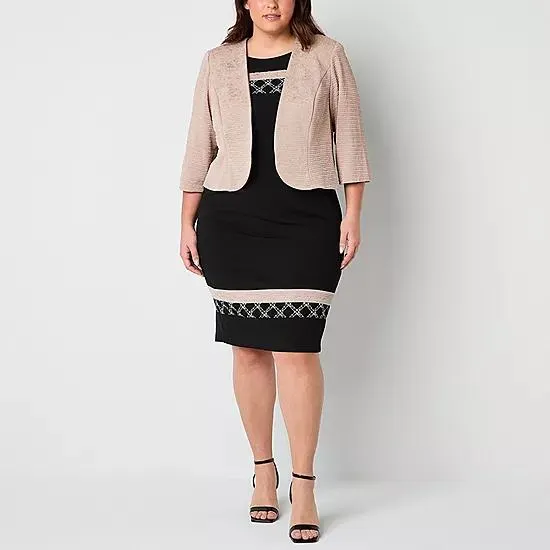 new! Maya Brooke Womens Embellished Grid Jacket Dress Plus