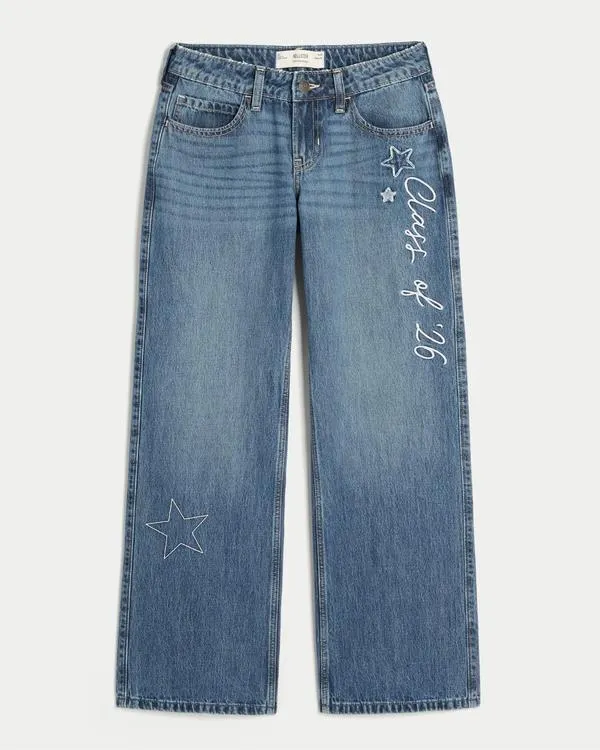 Low-Rise Dark Wash Class of '26 Embroidered Baggy Jeans
