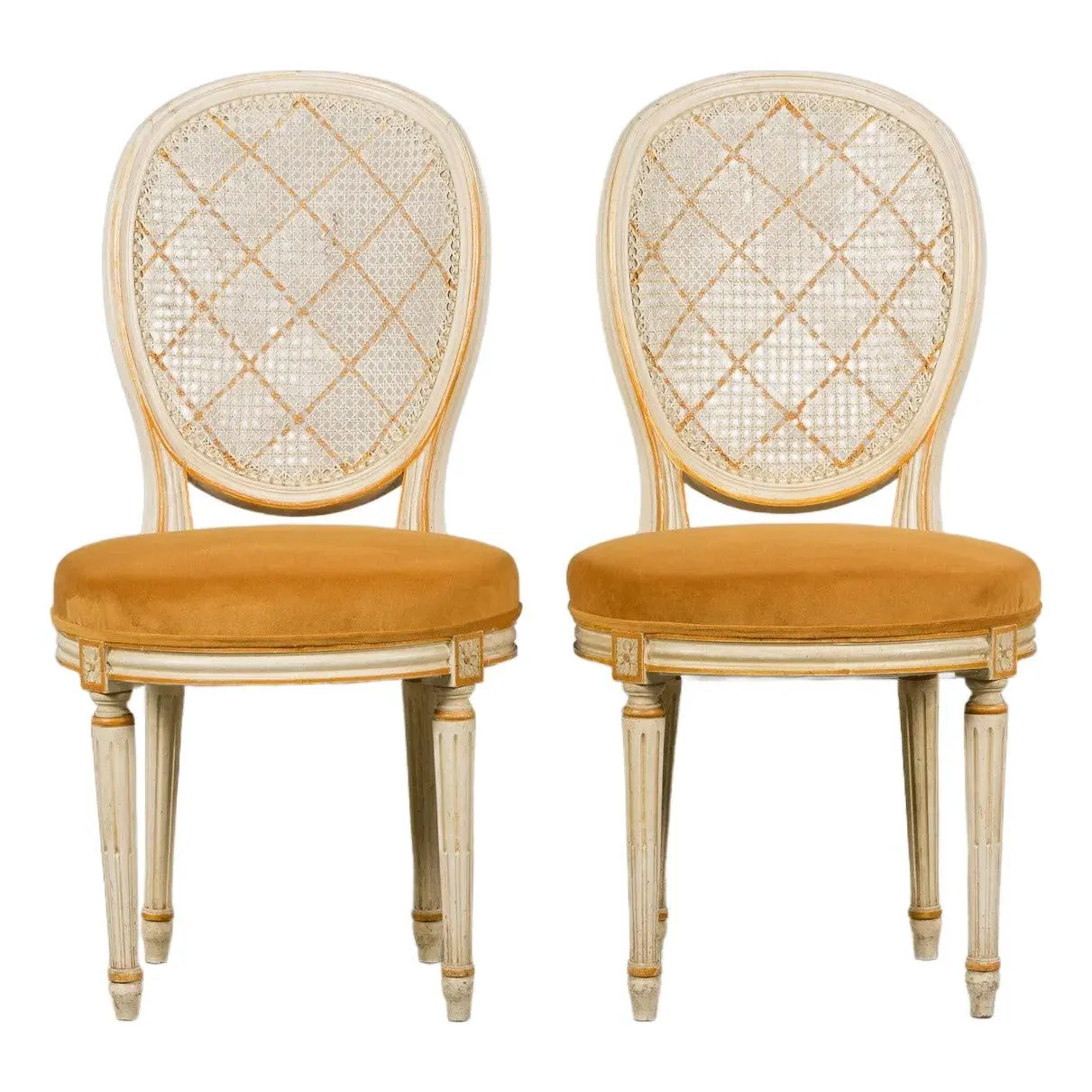 Antique French Louis XVI Painted Cane Back Accent Side Chairs W/ Marigold Velvet - A Pair