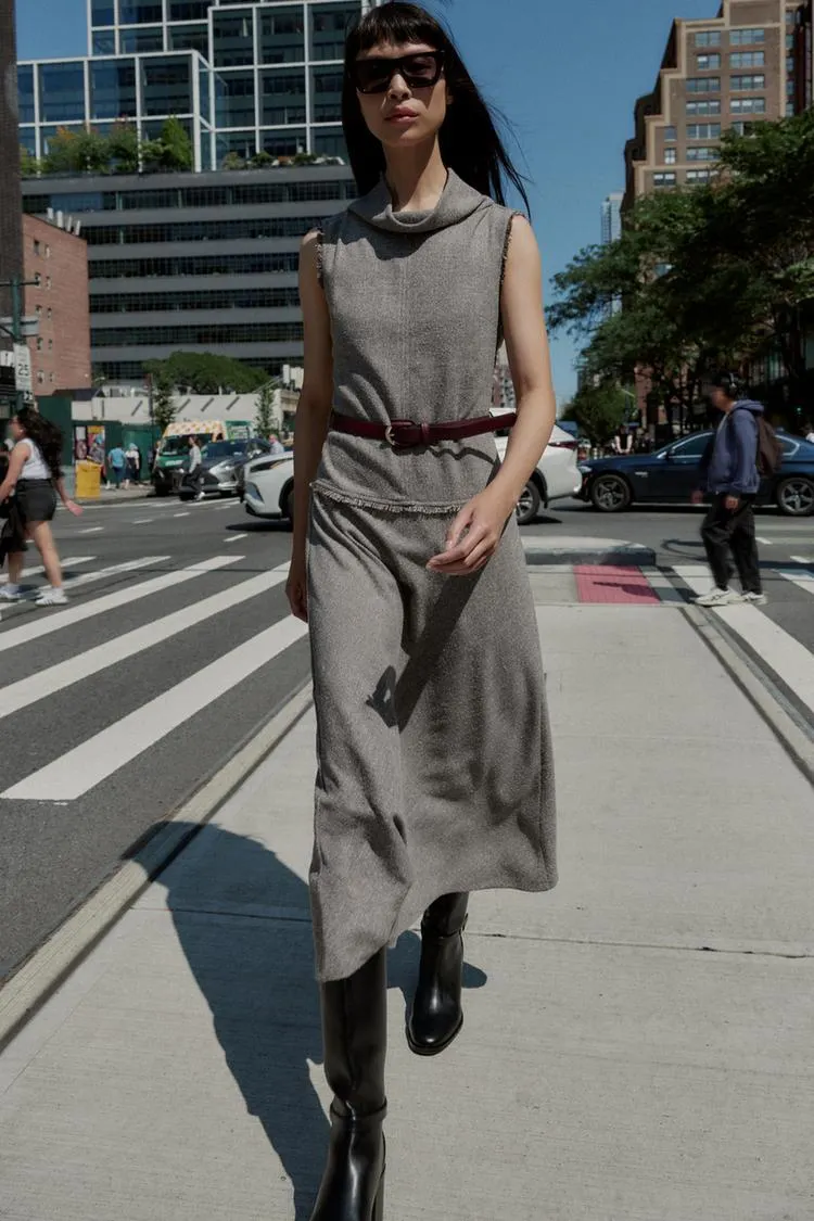 TEXTURED BELTED MIDI DRESS