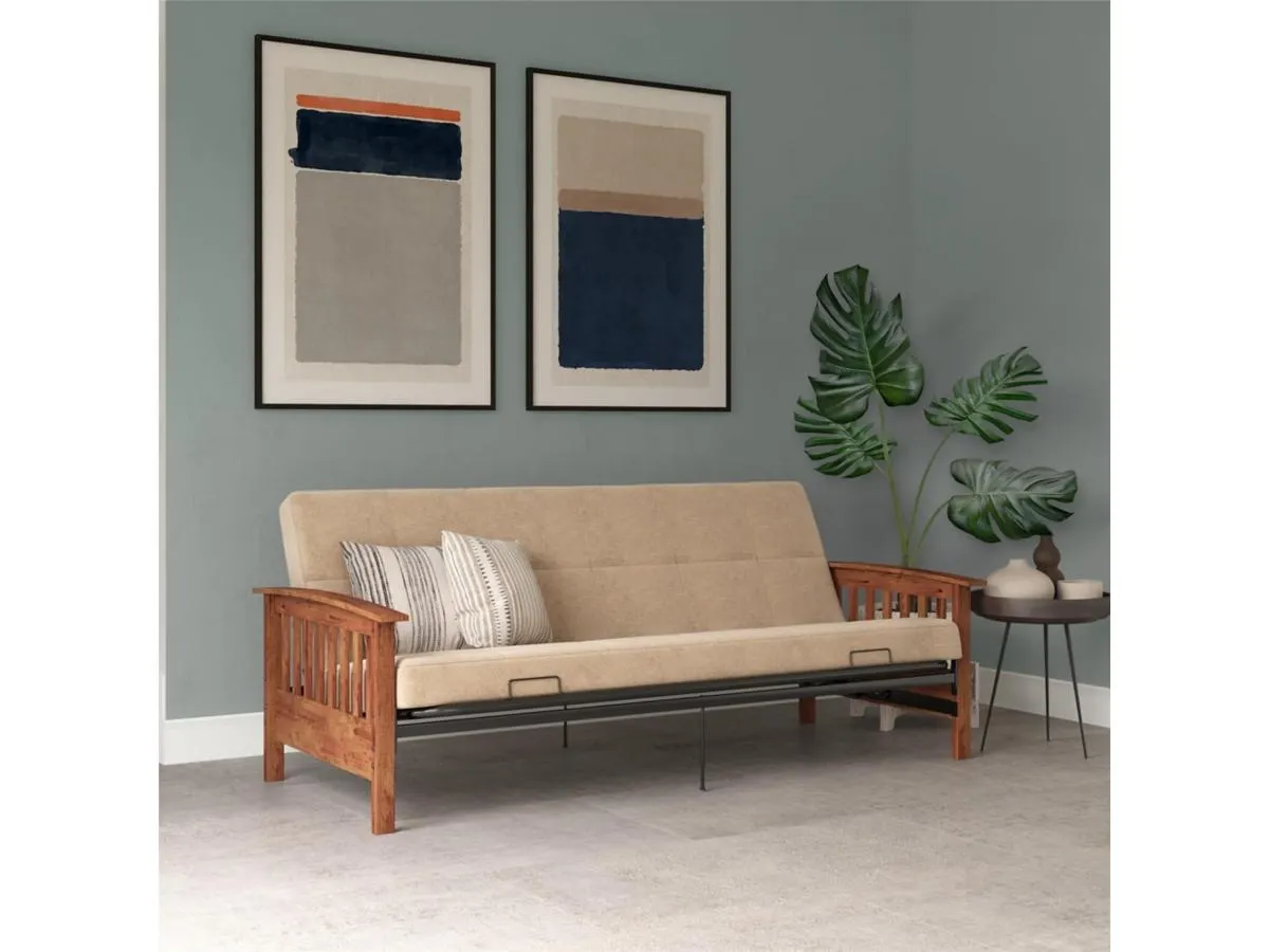 Atwater Living Mili Wood Arm Metal Frame Futon with Mattress
