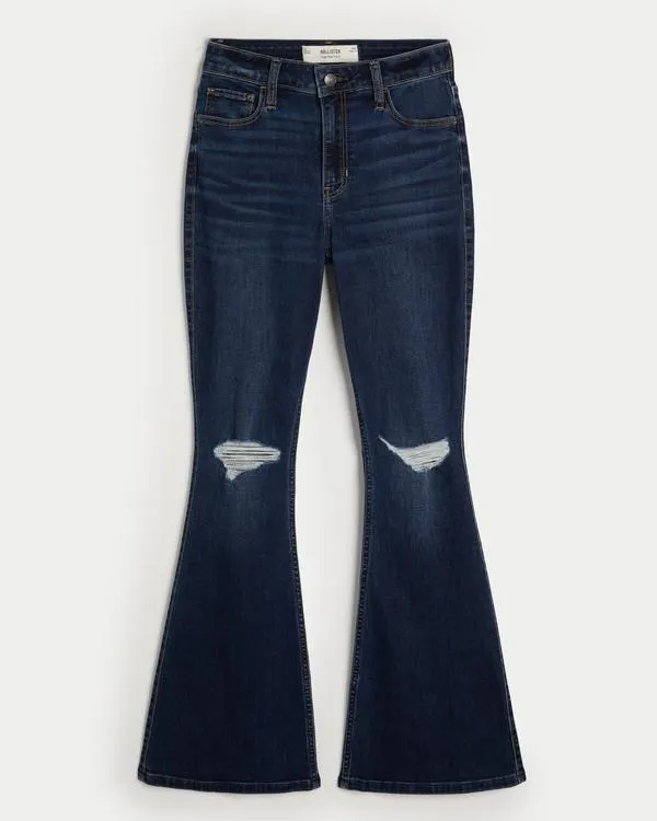 High-Rise Ripped Dark Wash Flare Jeans