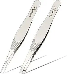 LePinko 2PCS Tweezers Set for Women and Men, Precision Tweezer kit for Ingrown hair, Facial Hairs, Chin Hair, and Splinter Removal, Professional Eyebrow Plucker Tweezers, Silver