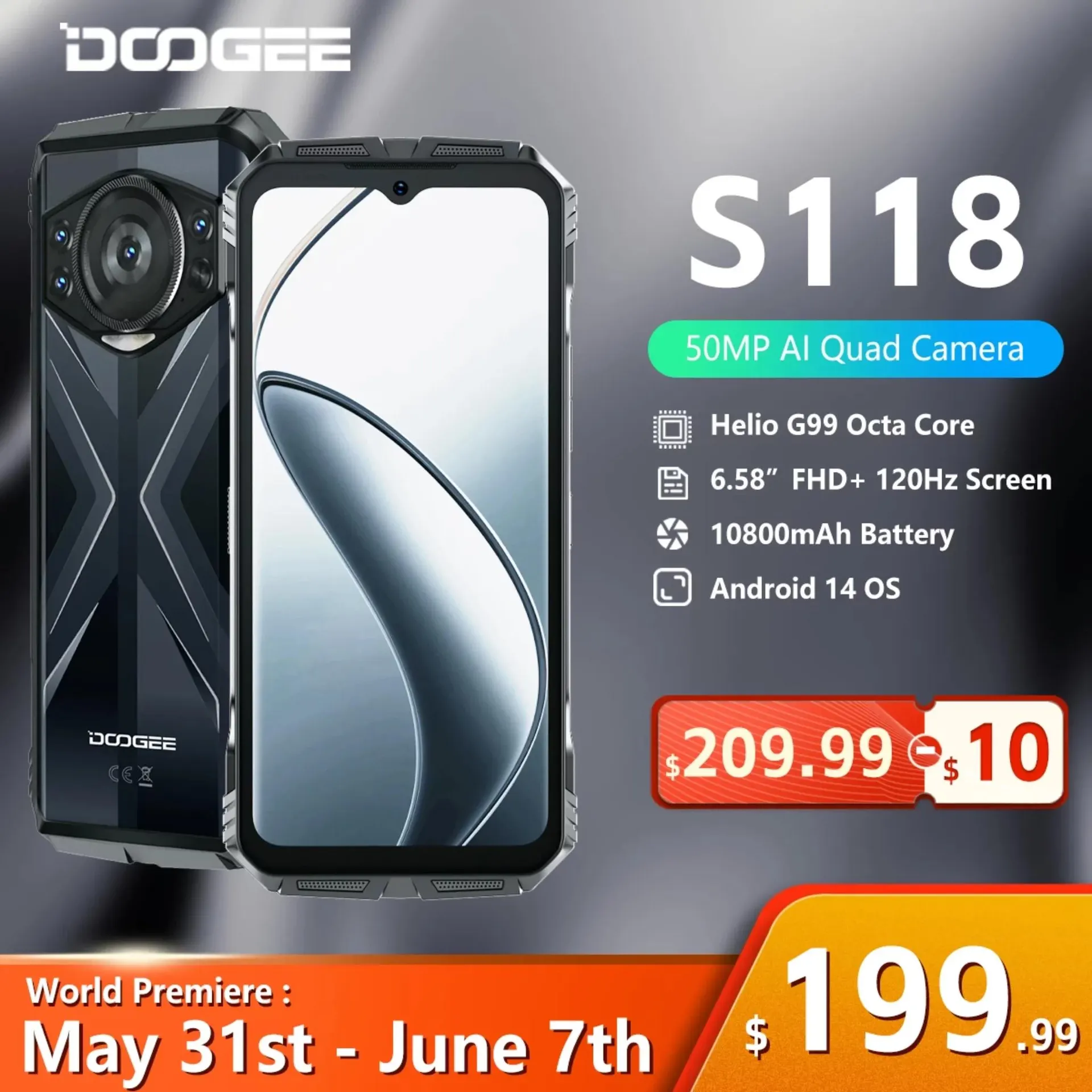 [Estreno mundial] Smartphone robusto DOOGEE S118 de 20 GB (8+12 GB ampliados), pantalla FHD+ de 6.58″, procesador Helio G99 de 10800 mAh, cámara con IA de 50 MP y NFC