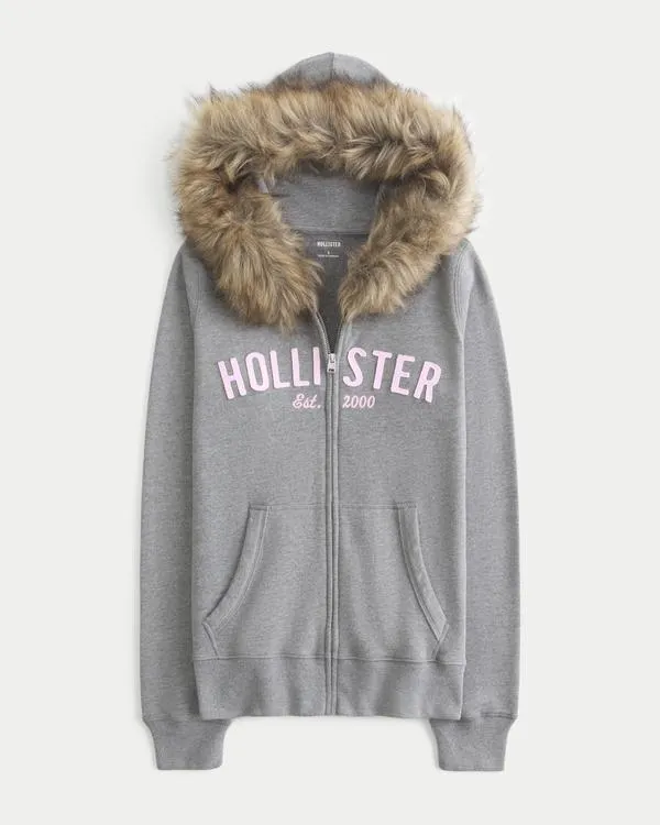 Faux Fur Trim Logo Graphic Zip-Up Hoodie