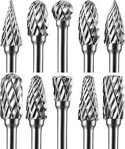 10 Pcs Carbide Burr Set 1/8" Shank Compatible with Dremel Milwaukee Bits Rotary Tools Attachment Kit Rasp Drill File Accessories Metal Wood Stone Steel Grinding Carving Cutting Engraving