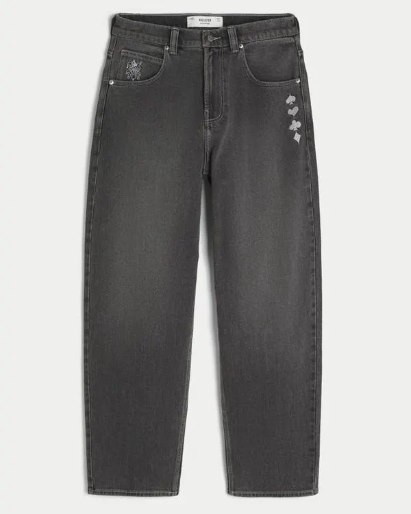 Washed Black Playing Card Joker Graphic Skater Baggy Jeans