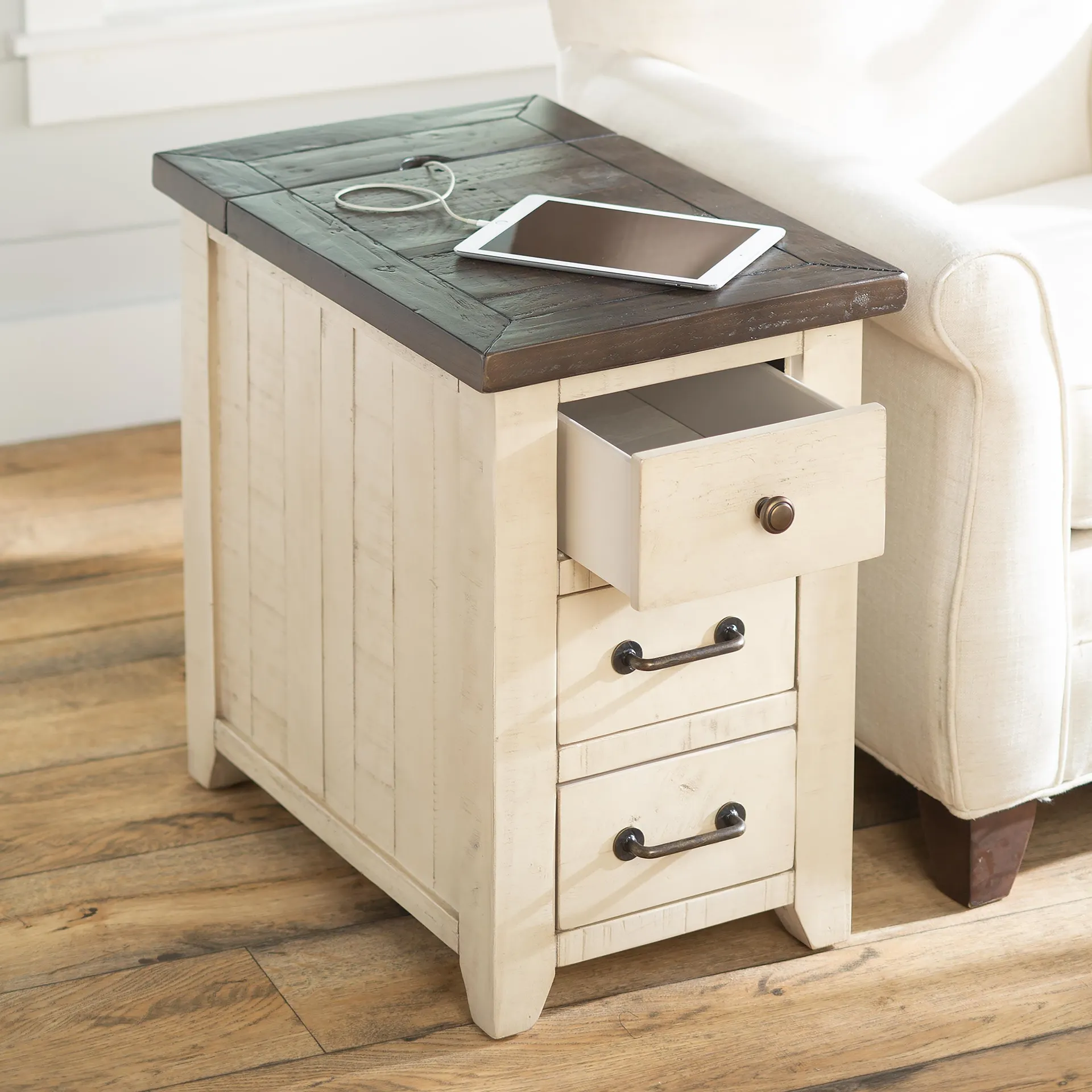 Cape Charles Reclaimed Wood Power Station Side Table with USB Ports
