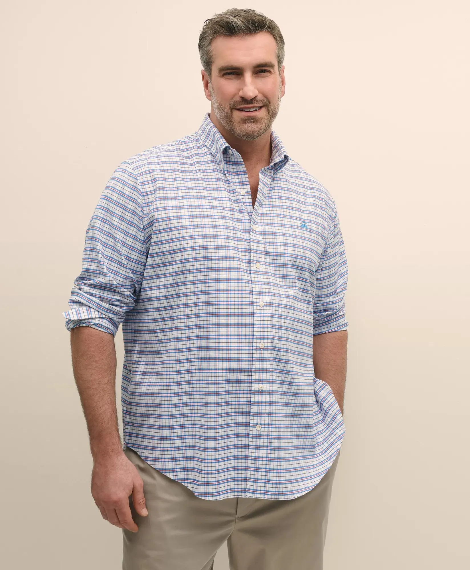 Big & Tall Stretch Cotton Non-Iron Oxford Polo Button Down Collar, Checked Shirt