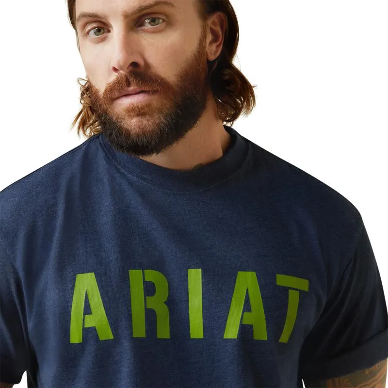 Ariat Men's Navy Heather w/Lime Logo Rebar Cotton Strong Block Short Sleeve Shirt