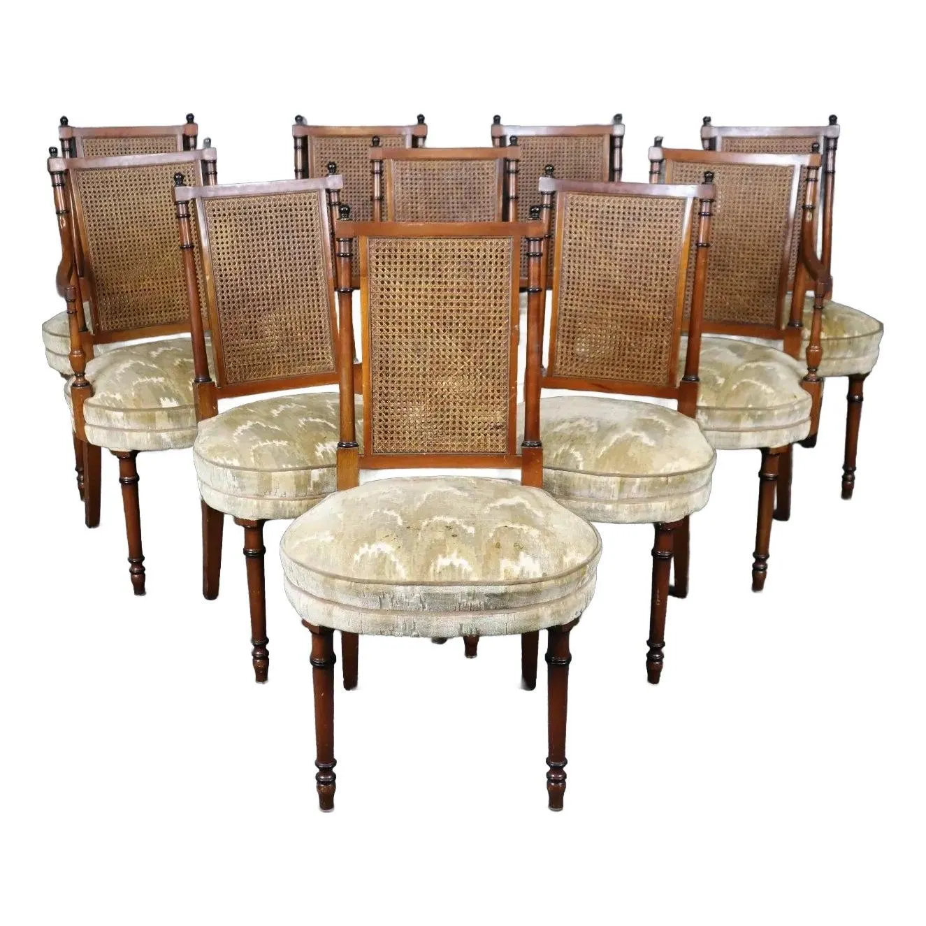 Set 10 Ebonized and Natural Walnut Cane Back Regency Style Dining Chairs