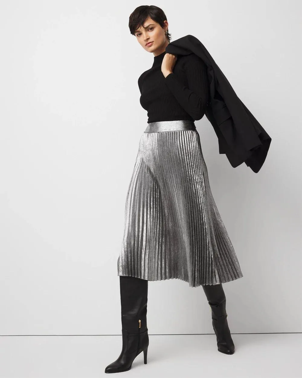Pleated Chiffon Metallic Midi Skirt
