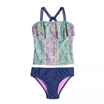Girls 7-18 Breaking Waves 2-Piece Flounce Tankini & Scoop Bottom Swim Set