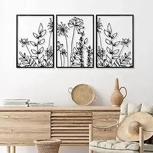 Therwen 3 Pcs Black Metal Wall Art Minimalist Wall Decor for Bedroom Flowers Decor Hanging Flower Bathroom Art Flower Line Sculpture Kitchen Decoration 16.5 x 9.8 Inch(Cute Style)