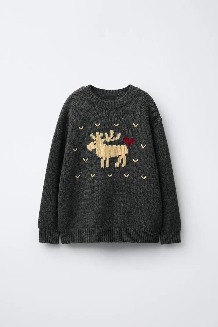 AGES 7-12/ WOOL BLEND KNIT JUMPER WITH EMBROIDERED REINDEER AND HEARTS