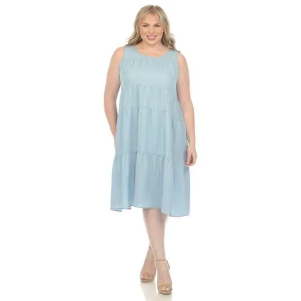 Plus Size White Mark Sleeveless Tiered Chambray Shift Dress