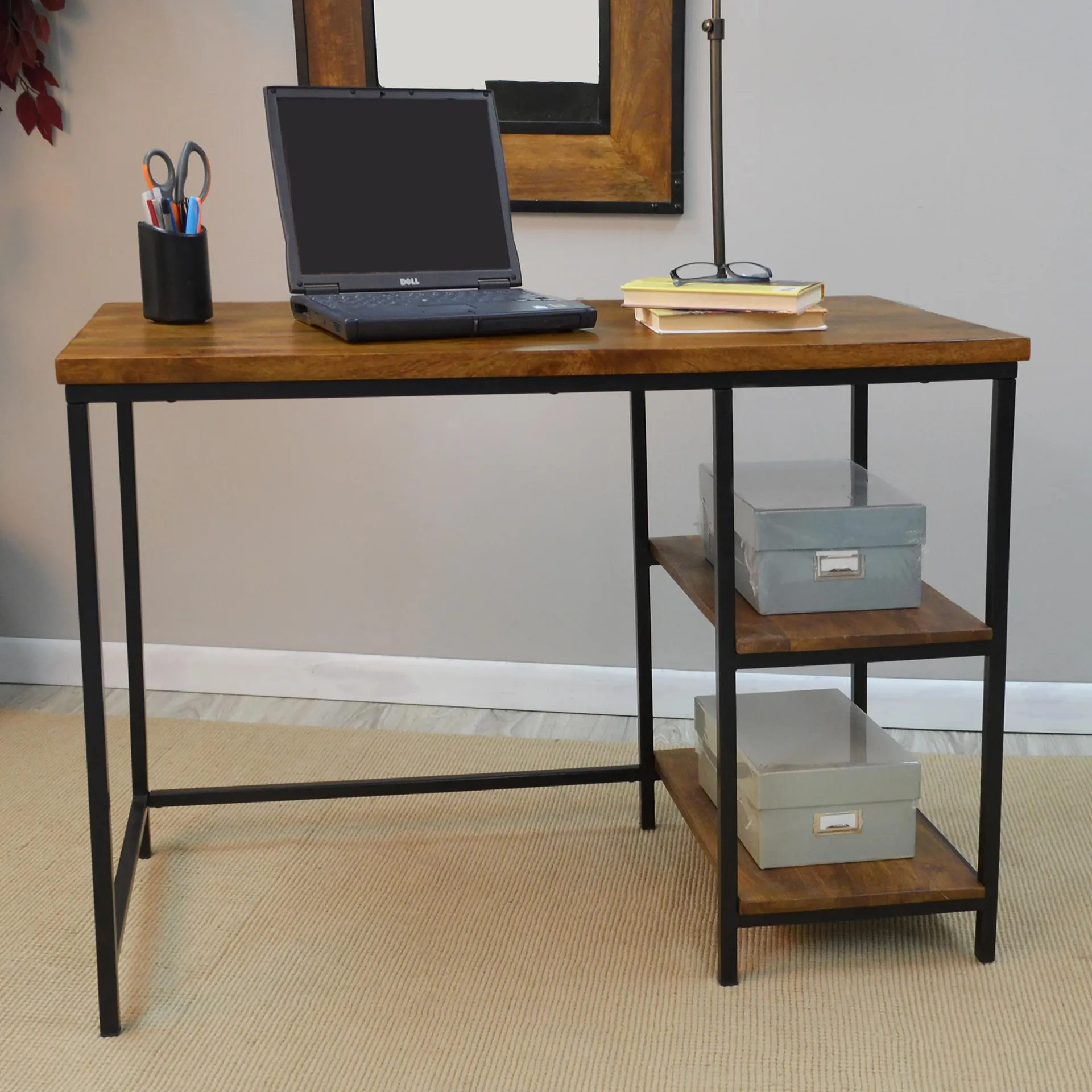Industrial-Style Wood and Metal Desk with Shelves