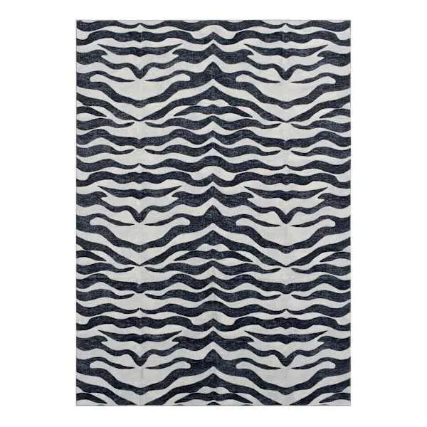 (B877) Dove Grey & Black Tiger Patterned Washable Area Rug, 5x7