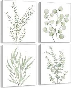 Erctoo Botanical Plant Canvas Wall Art, Framed Boho Wall Decor for Bathroom, Minimalist Aesthetic Bedroom Wall Art, Sage Green Eucalyptus Leaf Prints for Office, Set of 4PCS, 8”X10”
