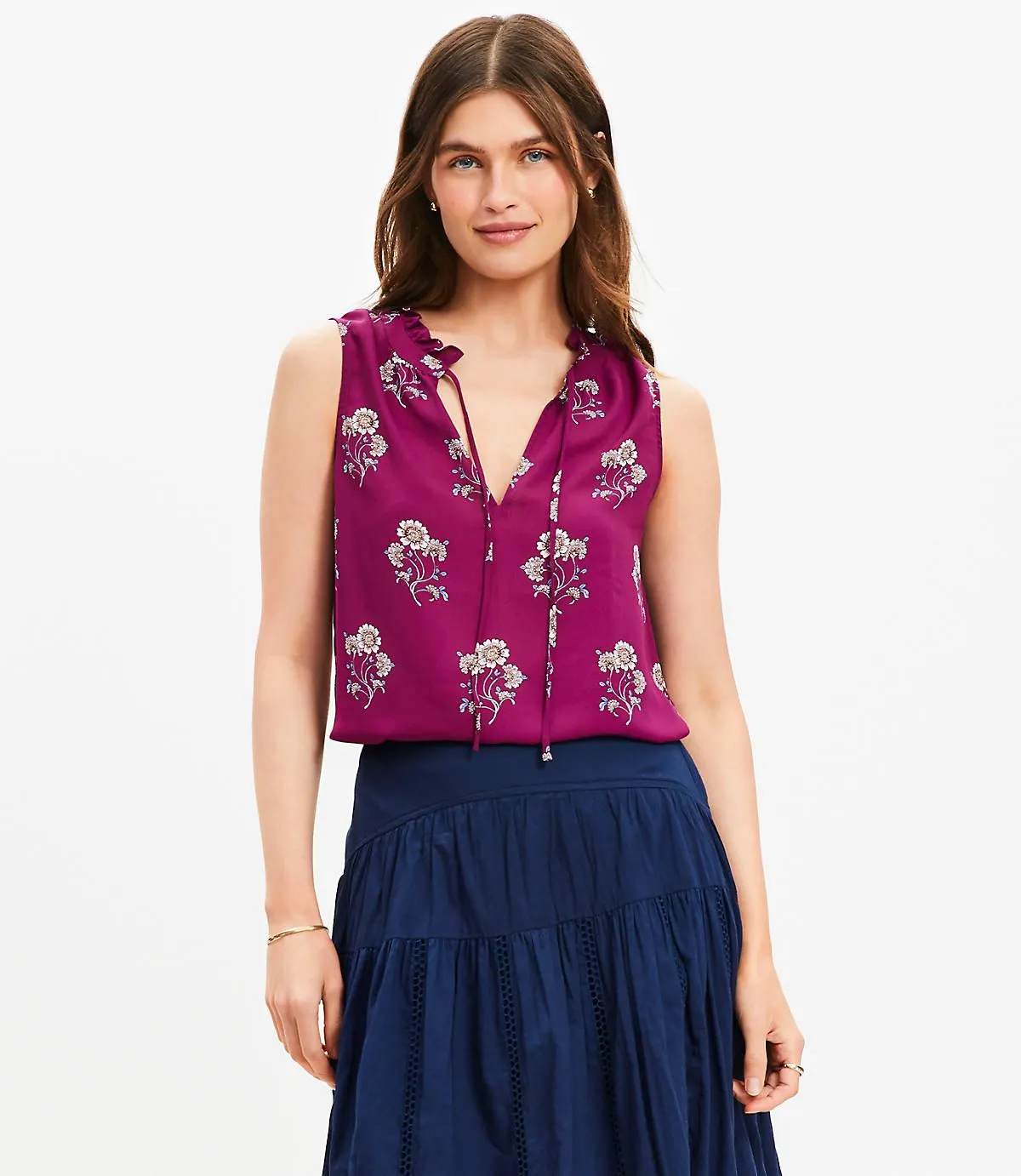 Floral Ruffle Tie Neck Mixed Media Blouse