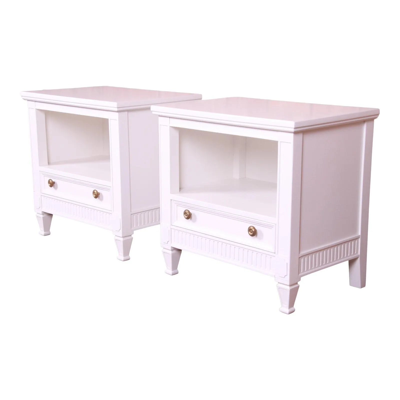 Drexel French Regency Louis XVI White Lacquered Nightstands, Newly Refinished