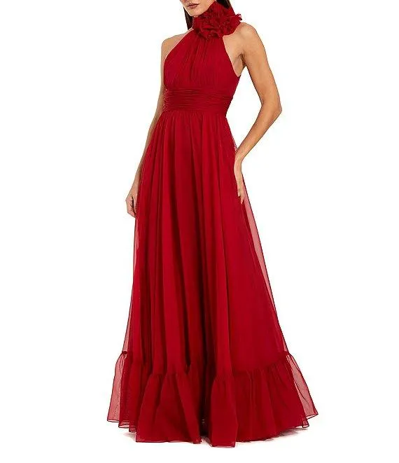 Chiffon Mesh Flower Halter Neck Sleeveless Gown