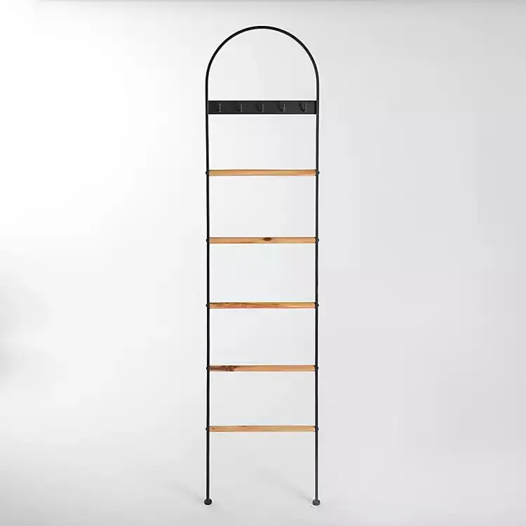 Black Metal & Natural Wood Ladder with Hooks