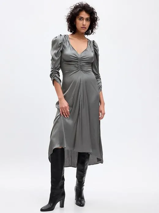 Ruched Satin Midi Dress