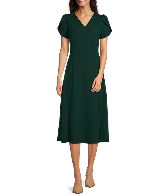 Scuba Crepe Short Tulip Sleeve V-Neck A-Line Midi Dress