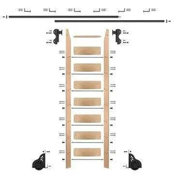 Quiet Glide Oak Library Ladder & 12 Ft Rolling Hook Hardware Kit