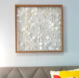 Bergamot 3D Handmade 24"x24" Capiz Shell Wall Hanging Decor, Solid Wooden Framed Coastal Wall Decor, Minimalist White Sea Shell Art for Living Room, Bedroom, Office