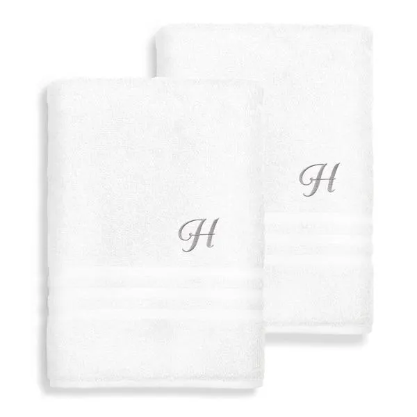Authentic Hotel and Spa Omni Turkish Cotton Terry Set of 2 White Bath Towels with Grey Script Monogrammed Initial