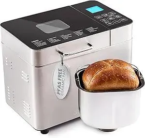 Elite Gourmet EBM8224MM Programmable 2 Lb. Bread Maker, PFAS free Ceralast™ Ceramic Pan, Touch Screen Control Panel, 19-Functions, Gluten Free, White, Wheat, Rye & more, 3 Loaf Sizes, Stainless Steel