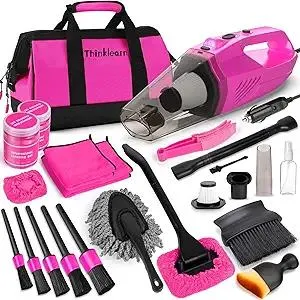 Car Cleaning Kit, Car Vacuum Detailing Kit Interior with High Power Handheld Vacuum, Including 7Pcs Detailing Brush Set, Windshield Cleaner, Pink Car Accessories for Women