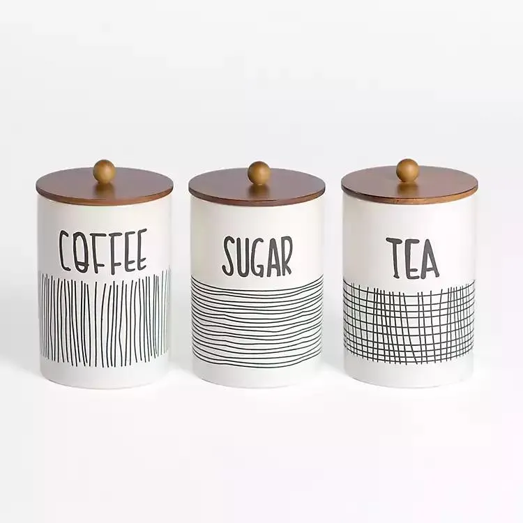 White Ceramic Modern Lines Canisters, Set of 3