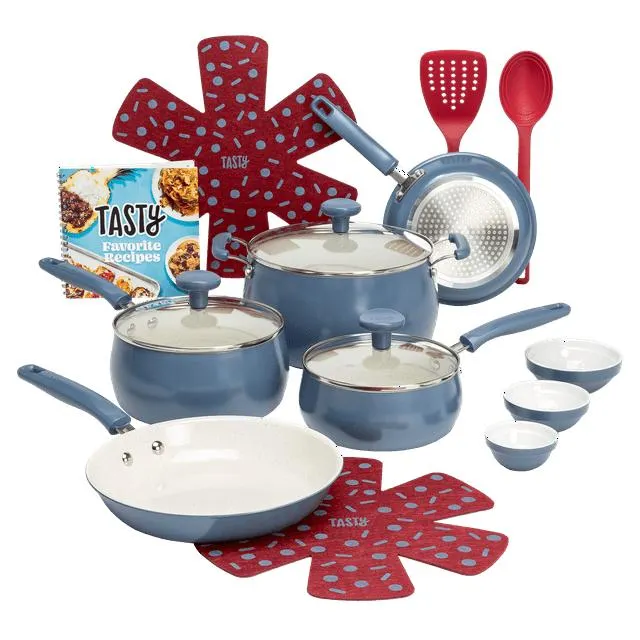 Tasty Clean Ceramic 16 Piece Non-Stick Aluminum Cookware Set, Slate Blue