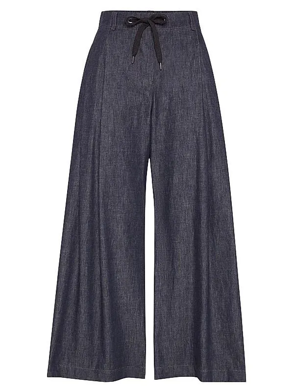 No Fade Denim Wide Pleated Trousers with Monili