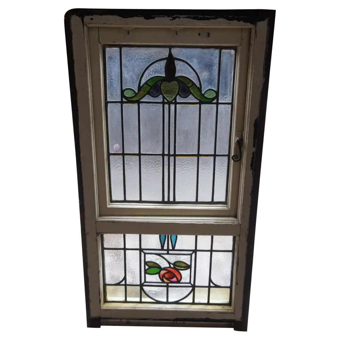 Antique Victorian Art Nouveau Leaded Stained Glass Window Floral Hinged Door 50"